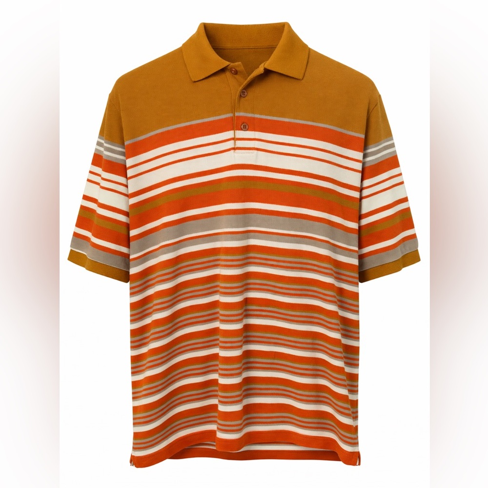 Vintage Old Skool Urban Wear Multi-Stripe Pique Polo Shirt Orange and Brown